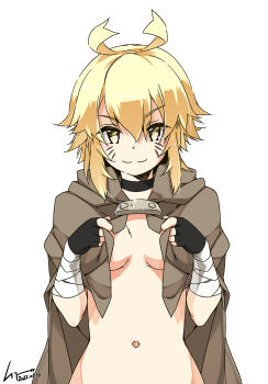 1girl :3 argo_the_rat bandaged_arm bandages blonde_hair breasts brown_cloak choker cloak cowboy_shot facial_mark fingerless_gloves gloves hair_between_eyes highres hood hooded_cloak naughty_face navel no_bra self_exposure shikei short_hair small_breasts solo sword_art_online whisker_markings wrist_wrap yellow_eyes