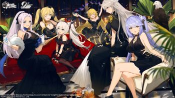 6+girls :d ;d ahoge albacore_(azur_lane) albacore_(beneath_the_black_dress)_(azur_lane) alcohol alternate_hairstyle animal_ear_hairband animal_ears armchair arms_up azur_lane bag bald_eagle bare_shoulders bell bird black_dress black_gloves black_hairband black_ribbon black_shoes black_thighhighs blonde_hair blue_eyes blue_flower blue_rose blue_scarf bottle bow breasts chair champagne_coupe chessboard cleavage cloak closed_eyes clutch_purse coffee_table commentary company_name copyright_logo copyright_name copyright_notice couch crossed_legs cup dress drinking_glass eagle easy_chair elbow_gloves english_commentary english_text enterprise_(azur_lane) enterprise_(heroic_finery)_(azur_lane) essex_(azur_lane) essex_(craft_fairytail)_(azur_lane) fake_animal_ears feather_boa feather_hair_ornament feathers fingerless_gloves flower frilled_dress frilled_thighhighs frills from_side glass_wall gloves green_eyes grey_hair grim_(azur_lane) hair_between_eyes hair_flower hair_ornament hair_ribbon hairband halter_dress halterneck hammann_(azur_lane) hammann_(prideful_fairy_of_the_ballroom)_(azur_lane) handbag happy holding holding_bag hornet_(azur_lane) hornet_(bubbly_anniversary!)_(azur_lane) indoors jewelry jingle_bell lace lace_gloves large_breasts liquor lirica logo long_dress long_hair looking_at_another looking_at_viewer marble_(stone) marble_floor multiple_girls necklace night official_alternate_costume official_art on_chair on_couch one_eye_closed open_mouth pantyhose parted_bangs party pearl_necklace pillow plant ponytail potted_plant purple_eyes purple_hair red_bow red_eyes red_ribbon ribbon rocks_glass rose scarf see-through_cleavage see-through_clothes see-through_cutout shoes short_dress sidelocks sitting_sideways skyline sleeveless sleeveless_dress small_breasts smile table thighhighs twintails v-shaped_eyebrows very_long_hair white_flower white_gloves white_hair white_rose yellow_scarf yorktown_(azur_lane) yorktown_(evening_i_can&#039;t_remember)_(azur_lane)