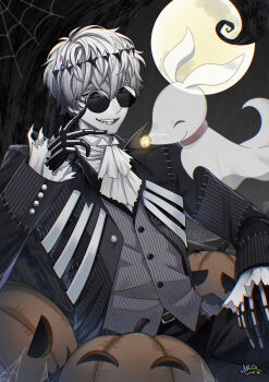 Rule 34 | 2boys, absurdres, black crown, commentary, crown, diamond hairband, dragonwilbert, formal clothes, gloves, highres, jacket, long sleeves, looking at viewer, male focus, missing tooth, multiple boys, pinstripe jacket, pinstripe pattern, pinstripe suit, pinstripe vest, round eyewear, short hair, skeleton print, skully j. graves, striped clothes, striped vest, suit, sunglasses, symbol-only commentary, the nightmare before christmas, twisted wonderland, vertical-striped clothes, vertical-striped vest, vest, white hair, zero (nbc)