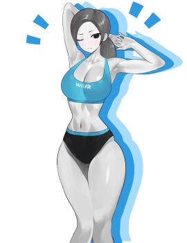 1girl absurdres blush bra breasts cleavage cookieey female_focus highres midriff navel nintendo panties ponytail smile solo sportswear standing stretching thickthighs underwear wii_fit_trainer