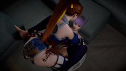 2girls 3d 60fps absurdres animated ayane_(doa) breasts clothed_sex controller couch feet game_controller hair_ornament hands_on_another&#039;s_shoulders highres kasumi_(doa) lying missionary moaning video multiple_girls on_back purple_hair tagme thighhighs virt-a-mate weapon weapon_on_back
