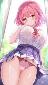 1girl arm_support blue_skirt blush braid breasts cameltoe closed_mouth commentary_request curtains hair_between_eyes highres hoshizaki_akari indoors large_breasts lens_flare looking_at_viewer medium_hair ongeki panties pink_eyes pink_hair pink_panties pleated_skirt school_uniform shirt short_sleeves sidelocks skirt smile solo standing striped_clothes striped_panties thighs tree underwear white_shirt window xenon_(for_achieve)