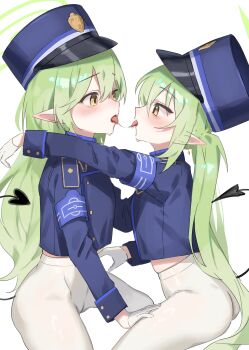 2girls absurdres after_kiss armband ass blue_archive blue_armband blue_hat blue_jacket blush buttons cowboy_shot demon_girl demon_tail eye_contact face-to-face from_side gloves green_hair green_halo halo hand_on_another's_thigh hat highres hikari_(blue_archive) hug hyuji_0w0 incest jacket loli long_hair long_sleeves looking_at_another multiple_girls no_pants nozomi_(blue_archive) open_mouth pantyhose peaked_cap pointy_ears profile saliva saliva_trail siblings sidelocks simple_background sisters sitting skindentation tail tail_raised tongue tongue_out twincest twins twintails very_long_hair white_background white_gloves white_pantyhose yellow_eyes