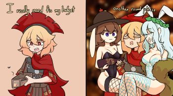 3girls animal_ears armor black_leotard blonde_hair bodypaint borrowed_character breasts bug cape celtic centurii-chan centurii-chan_(character) character_request crying english_text facepaint fake_animal_ears fake_tail fishnet_pantyhose fishnets fly greco-roman_clothes head_wreath highleg highleg_leotard highres holding holding_wallet hostess insect leotard long_hair multiple_girls nude open_mouth pantyhose pictish_witch_(anonhistory) picts playboy playboy_bunny plume poverty rabbit_ears red_cape roman_clothes short_hair smile strapless strapless_leotard tail tears wallet wrist_cuffs yuri