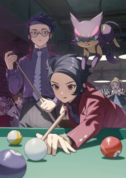 1girl 2others 3boys :3 amakara000 ball banette bar_(place) belt billiard_ball black-framed_eyewear black_hair black_pants collared_shirt commentary_request corbeau_(pokemon) cue_stick gen_3_pokemon gen_5_pokemon glasses graffiti highres jacket long_sleeves male_focus mega_ring mega_stone multiple_boys multiple_others necktie nintendo pants paxton_(pokemon) pokemon pokemon_(creature) pokemon_legends:_z-a pool_table purple_hair purple_shirt purrloin round_eyewear shirt short_hair table white_necktie yellow_eyes
