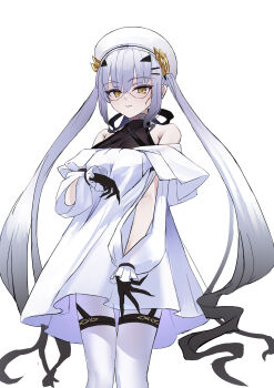 1girl absurdres bare_shoulders beret black_gloves breasts dress fate/grand_order fate_(series) forked_eyebrows glasses gloves hashtag-only_commentary hat highres long_hair long_sleeves looking_at_viewer melusine_(exhibition_attire)_(fate) melusine_(fate) off_shoulder pantyhose sidelocks small_breasts smile solo thighs twintails white_dress white_hair white_hat white_pantyhose yellow_eyes yugusan5