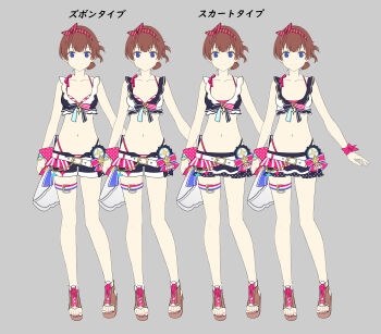 1girl a-pose absurdres asymmetrical_clothes bangle belt bikini bikini_bottom_under_shorts bikini_skirt bikini_under_clothes bikini_under_skirt blue_bikini blue_eyes boots bow bow_headband bracelet brown_hair commentary_request front-tie_bikini_top front-tie_top highleg highleg_bikini highres hololive hololive_summer_2023_swimsuit jewelry layered_bikini naka official_alternate_costume open-toe_boots reference_sheet shorts straight-on striped_bikini striped_clothes swimsuit thigh_strap tokino_sora variations virtual_youtuber white_belt white_bikini