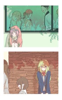 Rule 34 | 2boys, 5girls, blazer, blue jacket, blue skirt, blush, bob cut, bow, bowtie, brown hair, closed mouth, collared shirt, commentary request, green hair, grey serafuku, grey shirt, grey skirt, grey sweater, hair between eyes, highres, hood, hood up, hooded jacket, jacket, knees up, korean commentary, kusanagi nene, lapels, long hair, long sidelocks, long sleeves, low-tied sidelocks, miyamasuzaka girls' academy school uniform, multiple boys, multiple girls, neckerchief, notched lapels, ootori emu, open clothes, open jacket, pink eyes, pink hair, pleated skirt, ponytail, project sekai, purple eyes, ran dom339, red bow, red bowtie, red neckerchief, sailor collar, school uniform, serafuku, shirt, short hair, sidelocks, sitting, skirt, smile, standing, sweatdrop, sweater, waiting, white sailor collar, white shirt, window