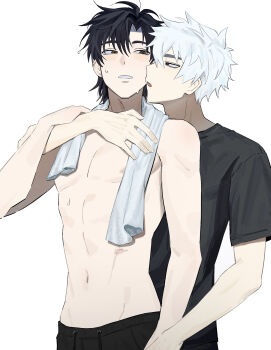 2boys absurdres after_bathing antenna_hair black_eyes black_hair black_pants black_shirt blush cheng_xiaoshi commentary_request hair_between_eyes hand_on_another&#039;s_chest highres hug hug_from_behind looking_at_another lu_guang male_focus multiple_boys navel nipples open_mouth pants parted_lips pectorals samong shiguang_dailiren shirt short_hair short_sleeves simple_background sweat t-shirt toned toned_male topless_male towel towel_around_neck white_background white_hair yaoi