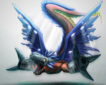 Rule 34 | a10thunderboit, arm cannon, blue hair, blue wings, brown scales, cyborg, digimon, digimon (creature), dragon, full body, grey background, helmet, mechanical arms, megadramon, midair, short hair, slit pupils, solo, torn wings, weapon, wings, yellow eyes