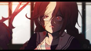 1girl blood blood_on_clothes blood_on_face blood_on_hands bloody_weapon braid commentary criis-chan danganronpa:_trigger_happy_havoc danganronpa_(series) eyelashes fukawa_toko glasses hair_between_eyes holding holding_scissors holding_weapon lens_flare letterboxed long_hair open_mouth round_eyewear scissors solo sweatdrop twin_braids twintails twitter_username weapon