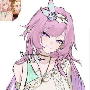 1girl art_program_in_frame artist_name breasts bunnyoki commentary cyrene_(chimerric_park)_(honkai:_star_rail) cyrene_(honkai:_star_rail) cyrene_(ripples_of_past_reverie)_(honkai:_star_rail) diamond-shaped_pupils diamond_(shape) english_commentary flower hair_flower hair_ornament highres honkai:_star_rail honkai_(series) long_hair looking_at_viewer medium_breasts multicolored_hair pink_hair pointy_ears purple_eyes reference_inset screenshot_inset shirt simple_background smile solo symbol-shaped_pupils two-tone_hair upper_body very_long_hair white_background white_hair white_shirt