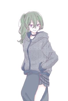 1girl absurdres black_choker black_skirt choker closed_mouth green_hair grey_jacket hair_between_eyes hands_in_pockets highres hood hood_down hooded_jacket jacket long_hair looking_at_viewer purple_eyes seila_rei side_ponytail simple_background skirt smile solo sousou_no_frieren ubel_(sousou_no_frieren) unmoving_pattern white_background