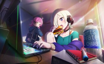 2girls ahoge air_conditioner bag bag_charm black_choker blonde_hair blue_hoodie blue_jacket blunt_bangs blunt_ends blush bottle burger cable camisole ceiling ceiling_light cellphone chair charm_(object) choker collarbone computer curtains evening food food_on_face green_camisole hair_over_one_eye hand_up headphones highres holding holding_burger holding_food holding_phone hood hoodie indoors jacket jewelry kishimen_hair knee_up knees laptop light_rays long_sleeves looking_back love_live! love_live!_nijigasaki_high_school_idol_club love_live!_school_idol_festival_2 medium_hair mia_taylor multiple_girls nijigasaki_school_uniform notebook official_art one_eye_covered open_mouth pen perspective phone pink_hair plastic_bottle purple_eyes school_bag school_uniform short_hair sitting smartphone sunbeam sunlight table teeth tennoji_rina typing undressing upper_body upper_teeth_only water_bottle window winter_uniform wooden_table yellow_eyes