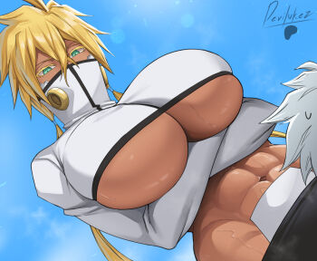 1boy 1girl abs arms_under_breasts artist_name bleach blonde_hair blue_sky breasts colored_eyelashes cropped_jacket crossed_arms dark-skinned_female dark_skin devilukez espada green_eyes half_mask highres hitsugaya_toushirou large_breasts mask medium_hair outdoors parted_lips shiny_skin sky spiked_hair sunlight tier_harribel underboob white_hair