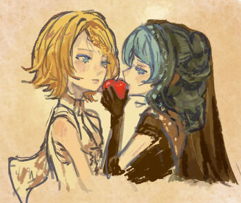 2girls apple aqua_eyes aqua_hair black_gloves black_shirt blonde_hair blue_eyes blush braid commentary elbow_gloves english_commentary food fruit gloves hair_bun hatsune_miku holding holding_food holding_fruit kagamine_rin long_hair looking_at_another meee216 multiple_girls shirt short_hair short_sleeves simple_background single_hair_bun sleeveless sleeveless_shirt twin_braids vocaloid white_shirt