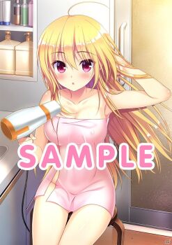 1girl :o ahoge bare_arms bathroom blonde_hair blush breasts cleavage collarbone covered_erect_nipples cowboy_shot drying drying_hair eyes_visible_through_hair floating_hair fuyuichi_monme gluteal_fold groin hair_between_eyes hair_down hair_dryer holding holding_hair_dryer indoors jpeg_artifacts large_breasts long_hair looking_at_viewer naked_towel official_art open_mouth red_eyes ren&#039;ai_karichaimashita sample_watermark segawa_emi sidelocks sitting solo thigh_gap thighs towel very_long_hair watermark