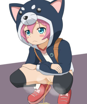 Rule 34 | 1girl, bandai namco, battle spirits, battle spirits: burning soul, black legwear, blush, blush stickers, cleft of venus, closed mouth, cupala (8492ace), eyebrows, female focus, hood, hoodie, jacket, no panties, peeing, pink hair, pussy, shadow, shoes, solo, squatting, sunrise (company), uncensored