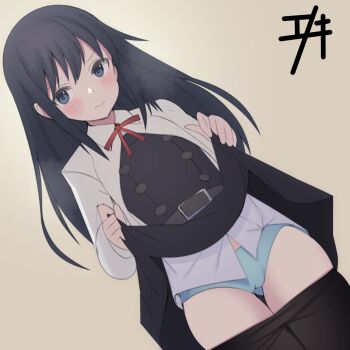 1girl asashio_(kancolle) asashio_kai_ni_(kancolle) black_dress black_hair black_pantyhose blue_eyes blue_panties blush buttons clothes_lift clothes_pull commentary_request dress embarrassed enoki_p gluteal_fold highres jacket kantai_collection lifting_own_clothes long_hair long_sleeves looking_at_viewer neck_ribbon panties pantyhose pantyhose_pull pinafore_dress red_ribbon ribbon school_uniform shirt skirt skirt_lift sleeveless sleeveless_dress solo underwear white_shirt yellow_background