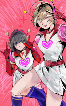 2girls belt blonde_hair choker closed_mouth cosplay dead_by_daylight feng_min gloves headphones heart heart_choker heather_mason highres looking_at_viewer magical_girl mina_(mina_st4r) miniskirt multiple_girls open_mouth pink_gloves short_hair silent_hill_(series) silent_hill_3 skirt smile v