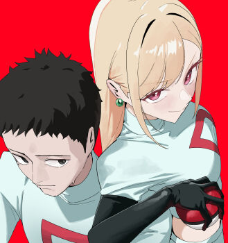 1boy 1girl black_gloves blonde_hair earrings from_above gloves gojou_wakana highres jewelry kitagawa_marin looking_at_another looking_at_viewer nintendo nmm pokemon pokemon_(anime) red_background smile sono_bisque_doll_wa_koi_wo_suru team_rocket team_rocket_uniform