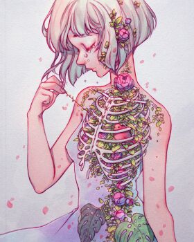 1girl absurdres animal arm_up bare_arms bare_shoulders bird blue_dress bob_cut breasts closed_eyes closed_mouth commentary covered_erect_nipples crying dress english_commentary falling_petals film_grain fingernails flower from_side grey_background hair_flower hair_ornament hand_up highres inverted_bob leaf light_smile lips original petals pink_flower pink_petals pink_rose profile pulling qinni raised_inner_eyebrows red_bird ribs rose short_hair simple_background sitting small_breasts solo traditional_media u_u upper_body white_hair