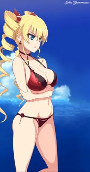 10s 1girl absurdres artist_name beach bikini blonde_hair blue_eyes breasts choker claire_harvey cleavage colorized cowboy_shot crossed_arms drill_hair earrings female_focus from_side groin hair_between_eyes hair_ornament highres hundred_(light_novel) jewelry large_breasts legs long_hair looking_to_the_side navel official_art ookuma_nekosuke parted_lips red_bikini scan serious sidelocks solo standing string_bikini swimsuit thighs tongue tsurime twin_drills very_long_hair water