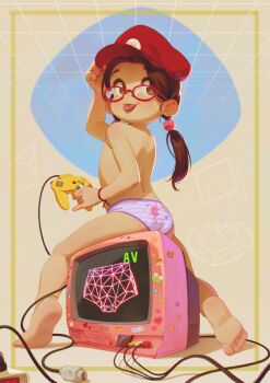 1girl adjusting_clothes adjusting_headwear alkemanubis back bare_legs barefoot bracelet brown_hair closed_mouth controller crt feet female_focus flat_chest from_behind full_body game_controller hair_bobbles hair_ornament highres holding holding_controller jewelry loli looking_back low_poly medium_hair nintendo_64_controller panties pink-framed_eyewear pinky_out purple_panties red_hair sitting sitting_on_object smile soles solo spread_legs striped_clothes striped_panties thighs toes tongue tongue_out topless_female twintails underwear wire