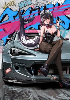 1girl 3books absurdres animal_ears black_hair black_leotard bow bowtie breasts candy car colored_inner_hair covered_navel detached_collar duct_tape ellen_joe fake_animal_ears fins fish_tail food graffiti hair_ornament hairband hairclip high_heels highleg highleg_leotard highres holding holding_candy holding_food holding_lollipop large_breasts leotard lollipop looking_at_viewer maid_headdress metal_hairband mole mole_under_eye motor_vehicle multicolored_hair on_car open_mouth pantyhose playboy_bunny rabbit_ears red_eyes red_hair red_nails scar scar_on_tail shark_girl shark_tail short_hair sitting solo spoiler_(automobile) sports_car sticker strapless strapless_leotard tail toyota toyota_86 two-tone_hair vehicle_focus wrist_cuffs x_hair_ornament zenless_zone_zero