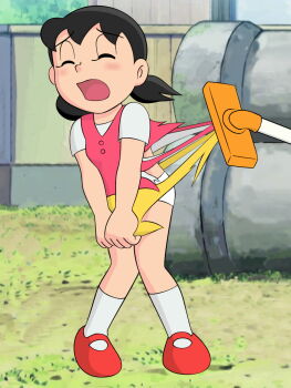 accident awkward bad_tag blush child destroyed_clothing doraemon embarrassed highres loli minamoto_shizuka na2013 shirt skirt torn_clothes torn_shirt torn_skirt vacuum vacuum_cleaner