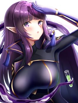 1girl blush breasts elf eta_(kagejitsu) highres kage_no_jitsuryokusha_ni_naritakute! kage_no_jitsuryokusha_ni_naritakute!_master_of_garden large_breasts long_hair looking_at_viewer nagisilon open_mouth pointy_ears purple_eyes purple_hair simple_background solo test_tube tube white_background