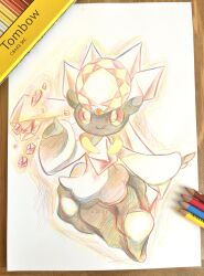 1girl absurdres animal_ears arm_up black_skin chest_jewel closed_mouth colored_pencil_(medium) colored_sclera colored_skin diancie female_focus forehead_jewel full_body gem gen_6_pokemon happy highres legendary_pokemon long_hair long_sleeves mythical_pokemon neverland+ nintendo outline outstretched_arm pencil photo_(medium) pink_gemstone pink_hair pokemon pokemon_(creature) red_sclera simple_background sketch smile solo telekinesis traditional_media white_background white_eyes wide_sleeves