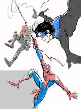 animal_print bat_signal batman_(series) batman_symbol be123be_be black_bodysuit black_gloves black_hair blue_bodysuit bodysuit brothers brown_jacket crossover dc_comics dick_grayson domino_mask eye_mask gloves grey_bodysuit highres jacket jason_todd male_focus marvel mask multicolored_bodysuit multiple_boys muscular muscular_male nightwing open_clothes pants peter_parker print_bodysuit red_bodysuit red_hood_(dc) red_mask short_hair siblings silk spider-man spider-man_(series) spider_print spider_web spider_web_print superhero_costume taut_bodysuit two-tone_bodysuit web_shooter