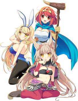 3girls animal_ear_fluff animal_ears ass bare_shoulders black_pantyhose black_tube_top blonde_hair blue_cape blue_leotard breasts brown_hair cape cat_ears cat_girl cleavage commentary_request cosplay dragon_quest dragon_quest_iii dress fake_animal_ears fake_tail full_body gadabout_(dq3) gadabout_(dq3)_(cosplay) highres holding holding_staff large_breasts leotard long_hair monster_wrangler_(dq3) monster_wrangler_(dq3)_(cosplay) multiple_girls mythra_(xenoblade) nia_(blade)_(xenoblade) nia_(xenoblade) pantyhose playboy_bunny pyra_(xenoblade) rabbit_ears rabbit_tail red_eyes red_hair sage_(dq3) sage_(dq3)_(cosplay) short_hair simple_background small_breasts staff strapless strapless_leotard tail tube_top watsuki_ayamo white_background white_dress xenoblade_chronicles_(series) xenoblade_chronicles_2 yellow_eyes