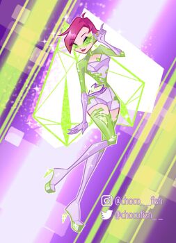 1girl alternate_costume asymmetrical_bangs bad_id bad_twitter_id blue_eyes boots chest_jewel chocofish closed_mouth commentary corset elbow_gloves eyelashes eyeshadow fairy full_body gem glitter gloves goggles green-tinted_eyewear green_corset green_gemstone green_shorts green_shrug green_theme green_wings happy heart-shaped_bag high_heel_boots high_heels highres instagram_username knee_boots light_particles lipstick long_sleeves looking_at_viewer magical_girl makeup outline pink_hair pointing pointing_up purple_background purple_bag purple_boots purple_eyeshadow purple_gloves purple_shirt red_lips shirt short_hair shorts shrug_(clothing) smile solo sparkle stiletto_heels strapless strapless_shirt tecna_(winx_club) tinted_eyewear triangular_eyewear twitter_username two-tone_bag waist_bag watermark white_bag white_outline wings winx_club