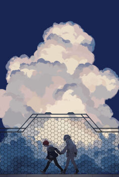 2boys :d ^_^ absurdres ahoge aotsuki_eito black_gloves black_pants black_shoes black_streaks box_galaxy chain-link_fence chinese_commentary closed_eyes cloud cloudy_sky commentary_request facing_ahead facing_another fence glasses gloves grey_hair grey_jacket highres holding_hands hood hoodie jacket jacket_over_hoodie multicolored_hair multiple_boys open_clothes open_jacket open_mouth pants red_hair scenery shoes short_hair sky smile streaked_hair sumino_takumi sunglasses the_hundred_line_-last_defense_academy- two-tone_hair walking white_hoodie white_jacket white_pants white_shoes