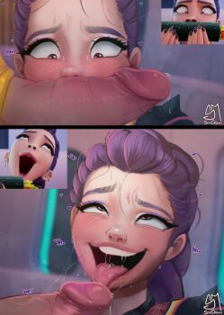 1boy 1girl absurdres ahegao blush braid braided_ponytail brown_eyes cross-eyed earrings erection eyeliner food gimbap heart hetero highres jewelry kpop_demon_hunters large_penis makeup meme nail_polish open_mouth penis penis_awe precum purple_eyeliner purple_hair rumi_(kpop_demon_hunters) rumi_sniffing_kimbap_(meme) saliva saliva_trail scene_reference screenshot_inset semi_draws smelling smelling_penis tongue tongue_out uncensored