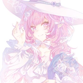 1girl chinese_commentary commentary_request cyrene_(honkai:_star_rail) cyrene_(ripples_of_past_reverie)_(honkai:_star_rail) diamond-shaped_pupils diamond_(shape) dress hat highres honkai:_star_rail honkai_(series) linglinglinglingdai91375 long_hair looking_at_viewer multicolored_hair official_alternate_costume pink_hair pointy_ears purple_eyes simple_background smile solo symbol-shaped_pupils two-tone_hair upper_body very_long_hair white_background white_dress white_hair white_hat