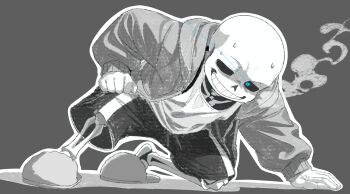 1boy absurdres cqcq06 full_body glowing glowing_eye greyscale grin highres hood hooded_jacket jacket male_focus monochrome open_clothes open_jacket partially_colored sans_(undertale) shadow shirt shorts simple_background skeleton slippers smile smoke solo sweat teeth undertale utdr_(toby_fox)