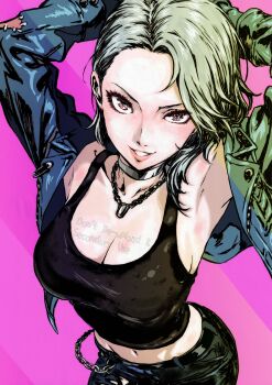 absurdres armpits arms_up black_pants black_tank_top breasts chain chain_necklace choker denim grey_choker grey_hair highres jacket jeans jewelry large_breasts leather leather_jacket midriff necklace niijima_sae oeilvert_fft pants persona persona_5 smile tank_top torn_clothes torn_jeans torn_pants