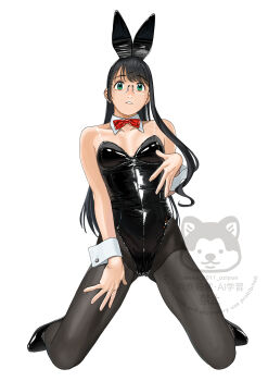 1girl animal_ear_hairband animal_ears artist_logo black_hair black_leotard black_pantyhose bow bowtie breasts commentary_request detached_collar fake_animal_ears full_body hairband highres kantai_collection leotard logo long_hair ojipon ooyodo_(kancolle) pantyhose playboy_bunny rabbit_ears red_bow red_bowtie red_eyes see-through_strap simple_background skneeling small_breasts smile solo strapless strapless_leotard watermark white_background wrist_cuffs