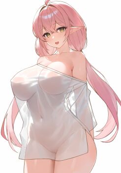 Rule 34 | 1girl, absurdres, ahoge, arms behind back, bare shoulders, blush, bottomless, breasts, cleavage, collarbone, commentary request, covered navel, cowboy shot, crossed bangs, elf, hair between eyes, highres, huge breasts, long sleeves, low twintails, nakamura nagare, naked shirt, off shoulder, open mouth, original, pink hair, pointy ears, see-through clothes, see-through shirt, shirt, simple background, solo, standing, twintails, white background, yellow eyes