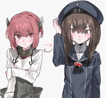 2girls anchor_ornament aogisa arrow_(symbol) black_neckerchief blue_dress blue_hat blue_sailor_collar brown_eyes brown_hair collar cosplay costume_switch dress faceless faceless_male hat headband headgear highres kantai_collection looking_at_viewer metal_collar multiple_girls neckerchief sailor_collar sailor_hat shirt short_hair short_hair_with_long_locks sideways_glance simple_background taihou_(kancolle) taihou_(kancolle)_(cosplay) upper_body v-shaped_eyebrows white_background white_shirt z3_max_schultz_(kancolle) z3_max_schultz_(kancolle)_(cosplay)