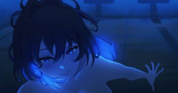 1girl absurdres black_hair blue_eyes blue_hair chainsaw_man gradient_hair highres hololive hololive_english looking_at_viewer multicolored_hair ouro_kronii pool scene_reference soapy_art solo submerged underwater virtual_youtuber