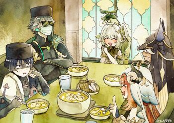 2girls 3boys alhaitham_(genshin_impact) alternate_headwear animal_ear_hood animal_ears aranara_(genshin_impact) armlet artist_name black_bodysuit black_bridal_gauntlets black_hair black_hat black_hood black_horns black_shirt blue_gem blue_kimono blue_sleeves blunt_bangs blunt_ends blush bodysuit bowl bracelet bridal_gauntlets cable chair chicken_(food) chicken_leg choppy_bangs closed_eyes closed_mouth colored_tips compression_shirt creature_on_head crossed_arms cup cyno_(genshin_impact) dark-skinned_male dark_skin detached_sleeves dress eid_mubarak elbow_rest eyelashes facing_another fake_animal_ears food food_request gem genshin_impact glass gold gold_halo green_hair green_sleeves grey_hair hair_ornament halo harem_outfit hat headphones highres holding holding_spoon hood horns index_finger_raised indoors jackal_ears japanese_clothes jewelry juban kimono layered_sleeves leaf leaf_hair_ornament long_hair looking_at_another mask mechanical_halo mouth_mask multicolored_hair multiple_boys multiple_girls nahida_(genshin_impact) nilou_(genshin_impact) open_clothes open_kimono open_mouth own_hands_together palms_together pointy_ears red_hair scaramouche_(genshin_impact) shaded_face shirt short_sleeves side_ponytail sidelocks sideways_mouth sitting songkok spoon stew sunglasses sweatdrop table triangle_mouth utsuyeet veil wanderer_(genshin_impact) water white_dress white_hair white_kimono white_mask white_sleeves white_veil window