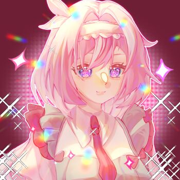 1girl breasts chinese_commentary commentary_request dress elysia_(honkai_impact) hairband honkai_(series) honkai_impact_3rd large_breasts long_hair looking_at_viewer necktie pink_hair purple_background purple_eyes red_necktie smile solo sparkle sparkling_aura upper_body very_long_hair white_dress white_hairband yingjingxue90662