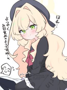 1boy 1girl beret black_jacket black_necktie black_pantyhose black_skirt blonde_hair blue_archive blush bow closed_mouth commentary_request doodle_sensei_(blue_archive) flying_sweatdrops frilled_skirt frills green_eyes grey_hat grey_sailor_collar hair_between_eyes hair_intakes halo hat highres jacket kujou_karasuma long_hair necktie pantyhose professor_niyaniya_(blue_archive) red_bow sailor_collar sensei_(blue_archive) shirt simple_background sitting skirt smile solo_focus spoken_expression straddling translation_request very_long_hair wariza watermark white_background white_shirt