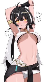 1girl aether_gazer armlet armpits arms_up black_hair breasts closed_mouth dark-skinned_female dark_skin gold_armlet hair_between_eyes heart highres hururu_(vldptmxk1054) jewelry kali_(aether_gazer) medium_breasts mole mole_under_eye multicolored_hair navel orange_eyes simple_background smile solo stomach twintails underboob white_background white_hair white_streaks