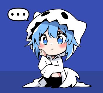 Rule 34 | ..., :t, blue background, blue eyes, blue hair, chibi, chibi only, commentary, dot nose, english commentary, ghost costume, halloween, halloween costume, hand on own face, hood, indie virtual youtuber, light blush, on ground, pale skin, sitting, sleeves past fingers, sleeves past wrists, speech bubble, tail, thick eyelashes, virtual youtuber, wide sleeves, wolf girl, wolf tail, wolfychu, wolfychu (artist)