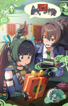 2girls absurdres android black_gloves black_hair box chibi chibi_inset chinese_commentary commentary fingerless_gloves gift gift_box gloves green_hair hair_ornament happy_birthday highres hoshimi_miyabi multicolored_hair multiple_girls official_art orange_streaks panda police police_uniform policewoman qingyi_(zenless_zone_zero) speech_bubble sphere_hair_ornament streaked_hair tea_set twintails zenless_zone_zero zhu_yuan